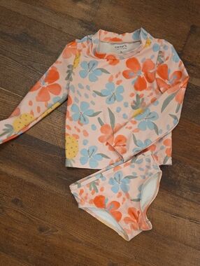 Carter's Peach Floral Long-Sleeve Rashguard Set with Blue & Coral Accents
